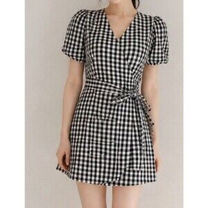 Women’s Gingham Peasant Dress Cottagecore Buffalo Check Puff Sleeve Wrap S